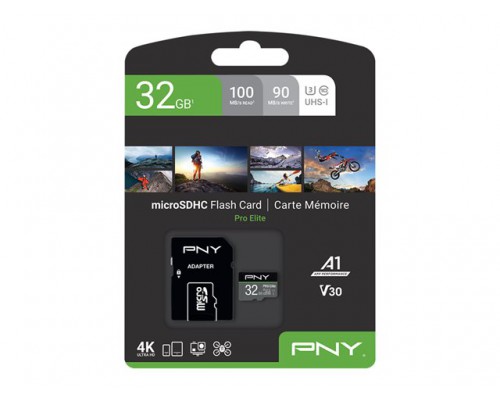 PNY MICRO-SD Card PRO ELITE 32GB Class 10 HC UHS I U3 A1 V30 SD adapter