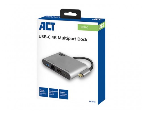 ACT USB-C 4K Multiport Dock HDMI USB-A LAN USB-C met PD Pass-Through 60W