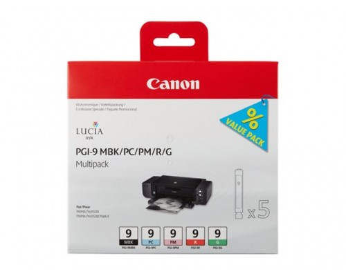 CANON PGI-9 MBK, PC, PM, R, G inktcartridge zwart en vier kleuren standard capacity combopack blister met alarm