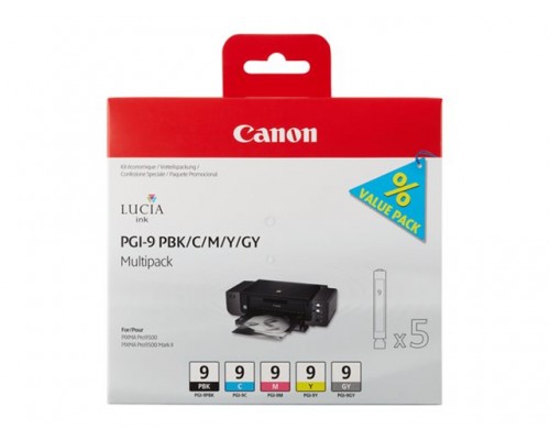 CANON PGI-9 PBK, C, M, Y, GY inktcartridge zwart en vier kleuren standard capacity combopack blister met alarm