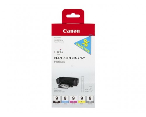 CANON PGI-9 PBK, C, M, Y, GY inktcartridge zwart en vier kleuren standard capacity combopack blister met alarm